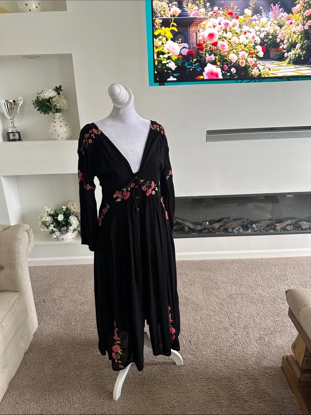 Free People Black Midi Dress with Pink Floral Embroidery